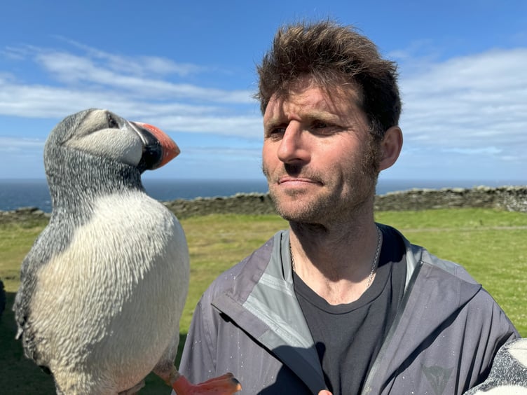 Guy Martin with one of the plastic puffins used on the Calf