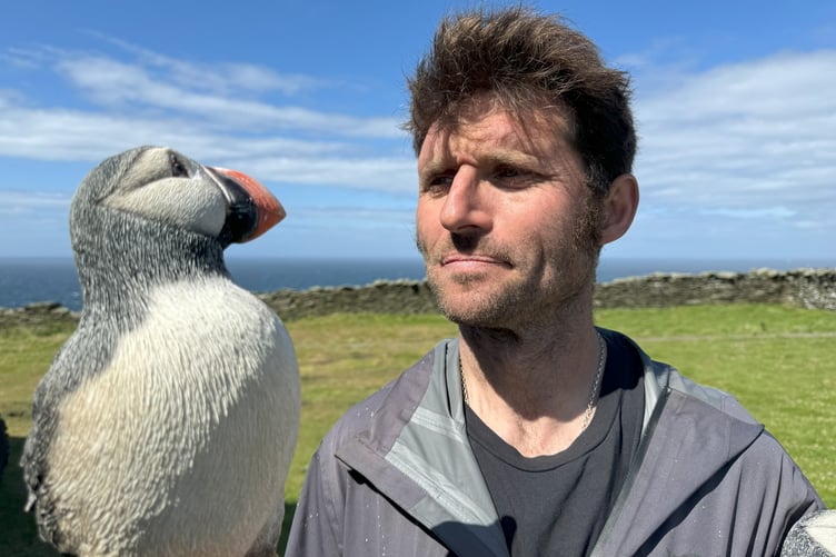 Guy Martin with one of the plastic puffins used on the Calf