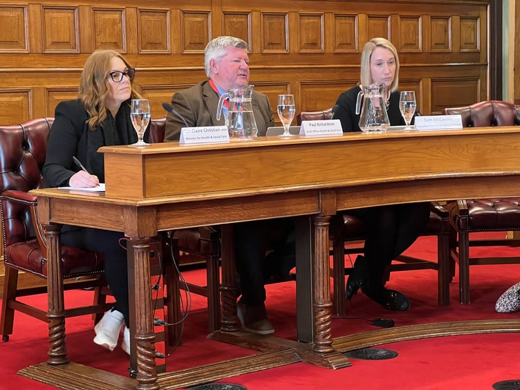 Health Minister Claire Christian, DHSC chief officer Paul Richardson and Sam McCauley, executive director of policy and strategy