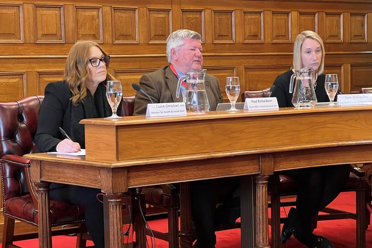 Health Minister Claire Christian, DHSC chief officer Paul Richardson and Sam McCauley, executive director of policy and strategy