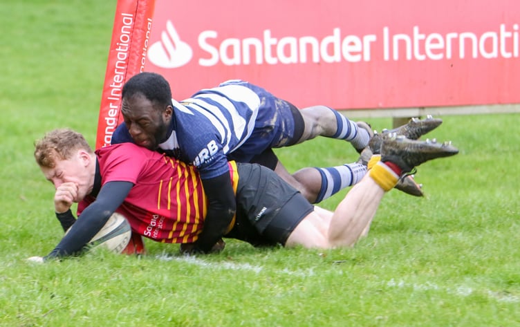 Kyle Martin dives over for his second try of the afternoon for Douglas RUFC against Eccles at Port-e-Chee on Saturday (Photo: Richard Ebbutt)