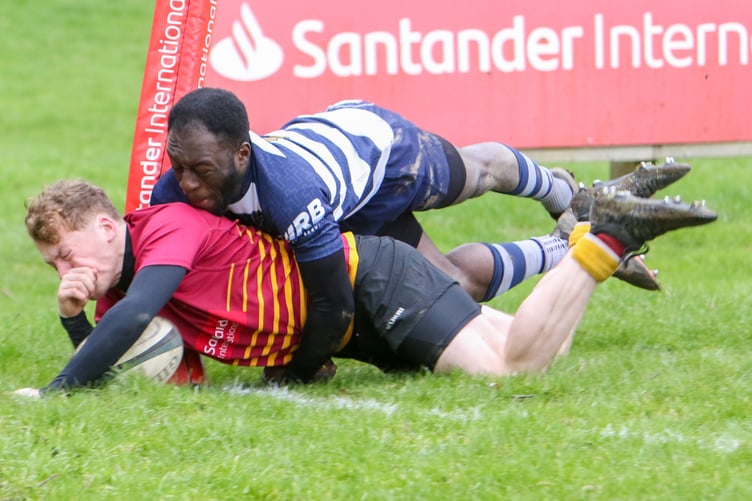 Kyle Martin dives over for his second try of the afternoon for Douglas RUFC against Eccles at Port-e-Chee on Saturday (Photo: Richard Ebbutt)