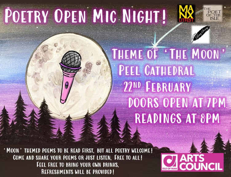 The poster for the poetry open mic night at Peel Cathedral