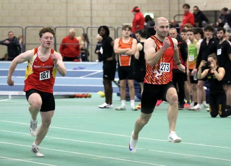 Isle of Man athletes Max Moore-Lees (left) and Daniel Stewart-Clague in action in the 200m race at the recent Manchester Indoor Open Meeting held at Sportcity (Photo: Claire Turner)