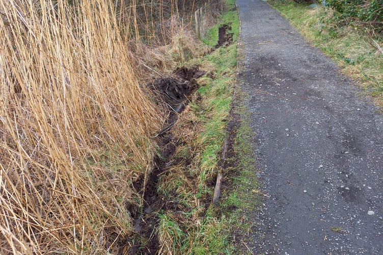 Minor damage to the verge of the Heritage Trail about a mile off Peel on Saturday