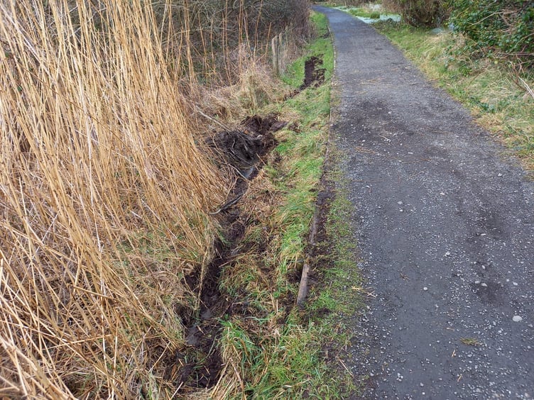 Minor damage to the verge of the Heritage Trail about a mile off Peel on Saturday