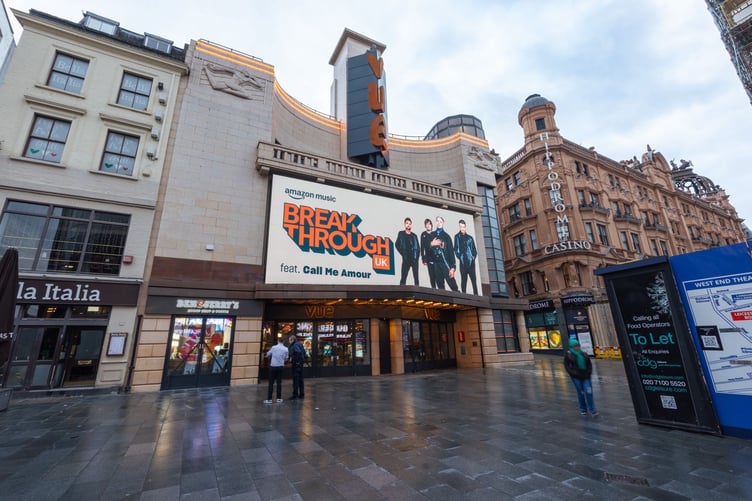 The billboard in Leicester Square, London, which shows 'Call Me Amour' as the Amazon Music breakthrough stars in February