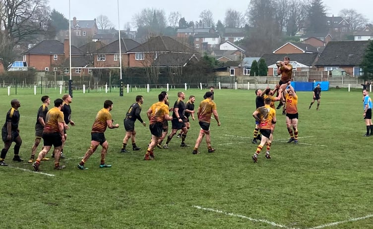 Blake Everson soars high in the lineout for Douglas Rugby Club against Northwich on Saturday (Photo: Ben Eggleshaw)