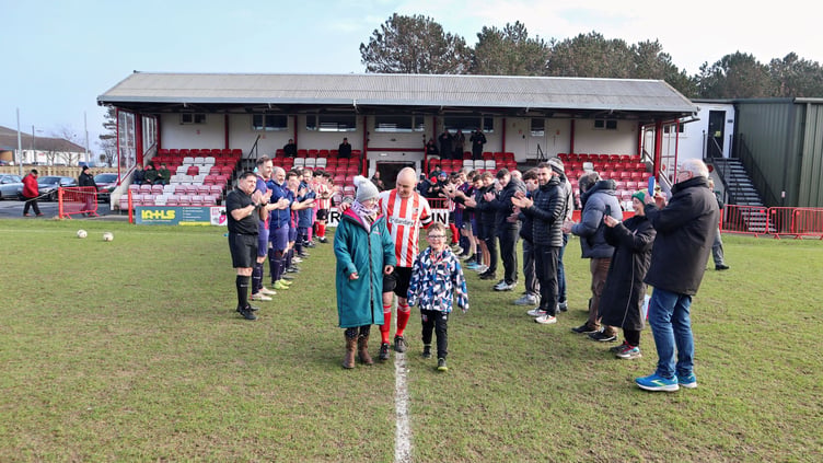 Daniel Lace received a guard of honour from both Peel and Foxdale players as he made his 900th appearances for the Sunset City side on Saturday (Photo: Dave Corkish)