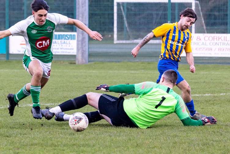 Laxey's Ethan Hawley rounds St John's goalkeeper Alex Haddock on his way to scoring one of his four goals last Saturday. As such, he takes his place in the latest Team of the Week (Photo: Gary Weightman)