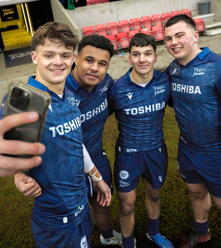 Isle of Man rugby player Patreece Bell (second from left) poses for a selfie alongside fellow debutants Ollie Davies, Alfie Longstaff and Dom Hanson after last weekend's match against Newcastle Falcons (Photo: Sale Sharks)