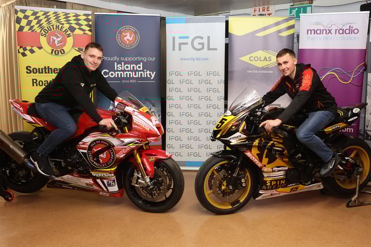 23/02/2024: Nathan Harrison and Joe Yeardsley pictured at the Southern 100 Media Launch. PICTURE BY DAVE KNEEN.