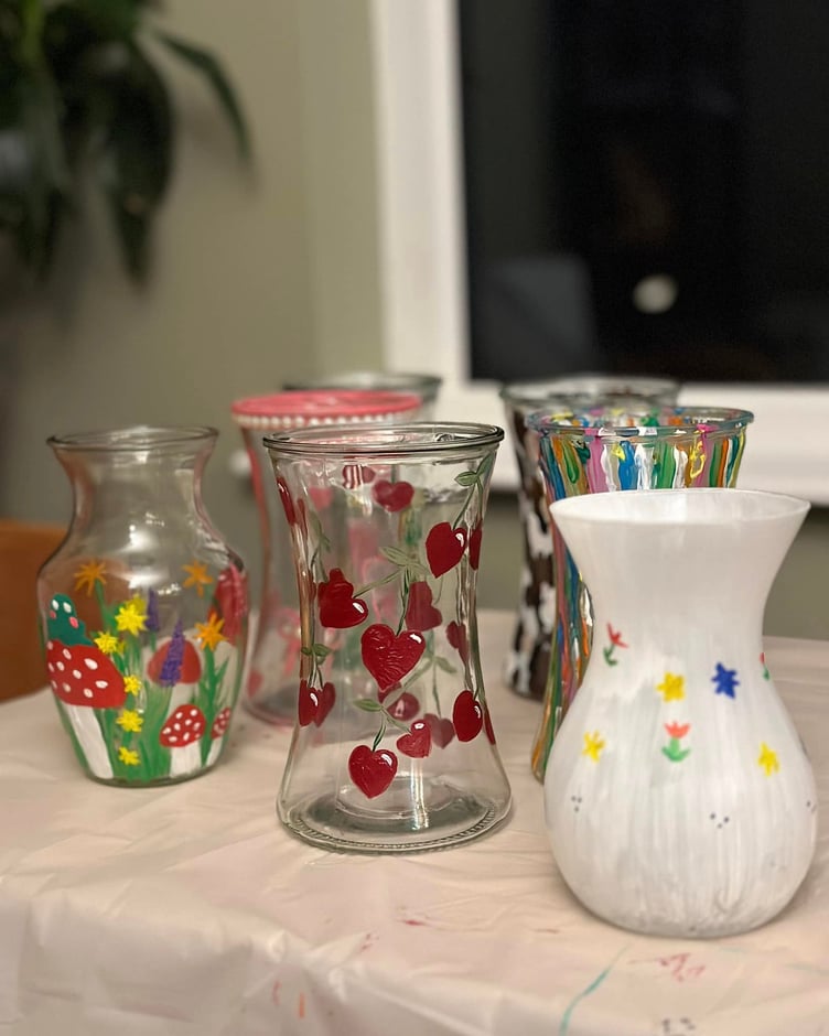 Some of the freshly painted vases on display