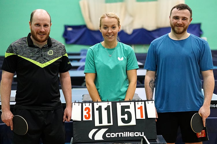 Hard Bat finalists Scott Lewis (left) and Duncan Alexander (right) with Becky Taylor who umpired (Photo: Malcolm Lambert)