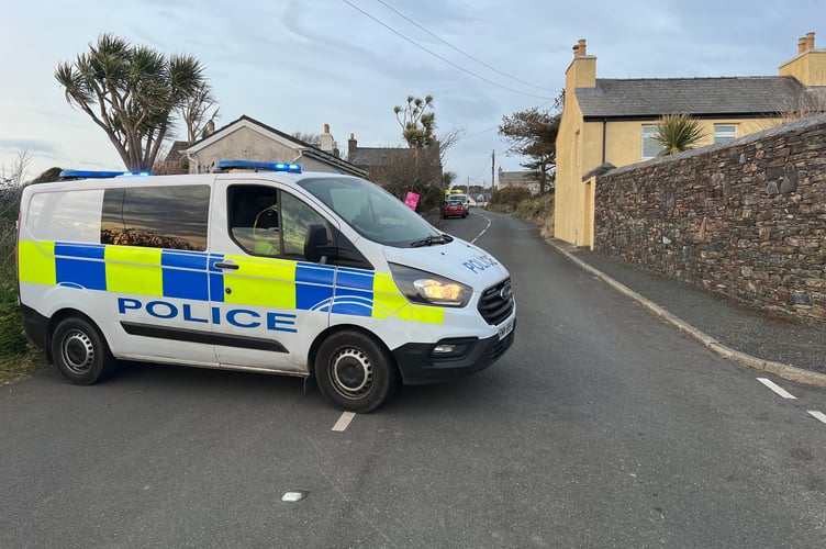 Police van blocks the Sloc Road at Ballakillowey