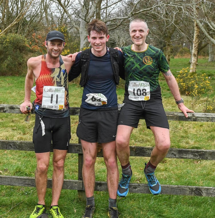 The top three in the Narradale fell race last weekend: winner Harry Kneen is flanked by runner-up Orran Smith (right) and third-placed Mark Burman (Photo: Phil Crowe)