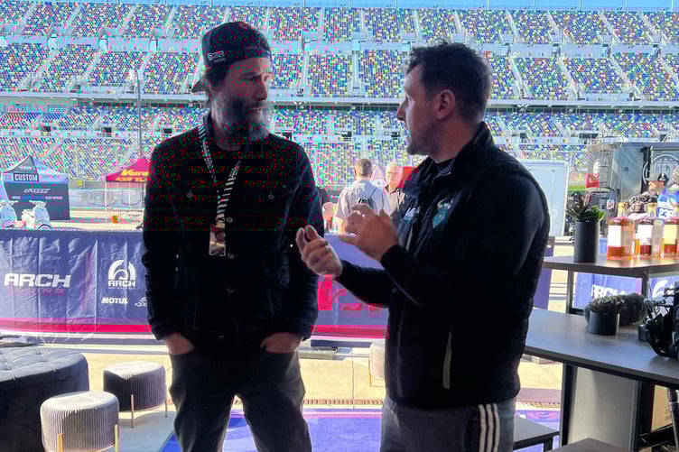 Michael Dunlop talking to Hollywood actor Keanu Reeves prior to Saturday's race (Photo: MD Racing)