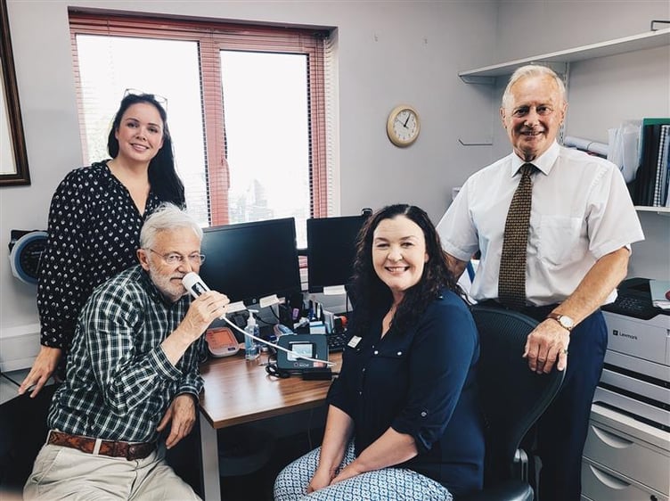 Demonstrating asthma diagnostic equipment purchased by Henry Bloom Noble Healthcare Trust for Snaefell GP practice: Practice partners, Mary-Rose Pritchard (left) and Janette Qualtrough with Malcolm Clague Trustee (using the machine) and Terry Groves, chairman of the Trust.