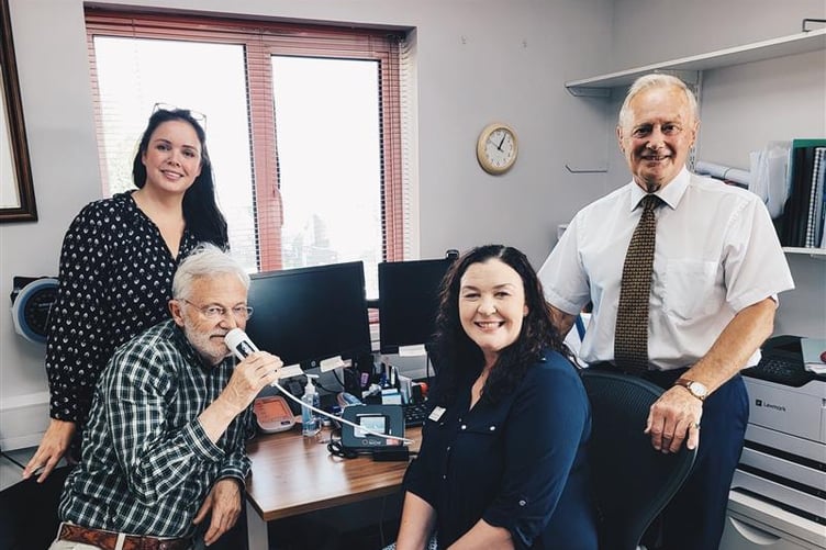 Demonstrating asthma diagnostic equipment purchased by Henry Bloom Noble Healthcare Trust for Snaefell GP practice: Practice partners, Mary-Rose Pritchard (left) and Janette Qualtrough with Malcolm Clague Trustee (using the machine) and Terry Groves, chairman of the Trust.
