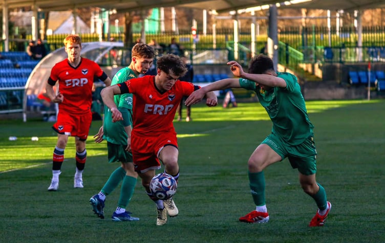 FC Isle of Man's Dean Pinnington looks for a way past a Pilkington player during Saturday afternoon's clash at the Bowl which ended 3-3 (Photo: Hannah McHugh)