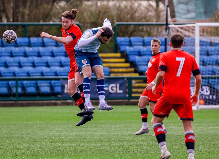 Al Maitland (left) scored a dramatic 96th-minute equaliser for FC Isle of Man against Prestwich Heys at the Bowl on Sunday (Photo: Hannah McHugh)