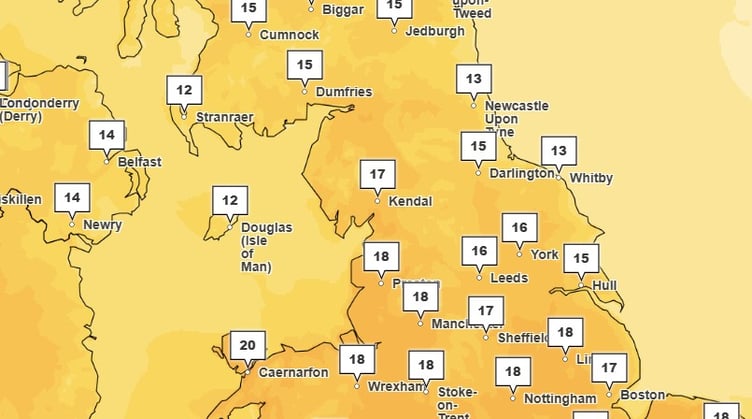 Weather map produced by the UK Met Office for Thursday