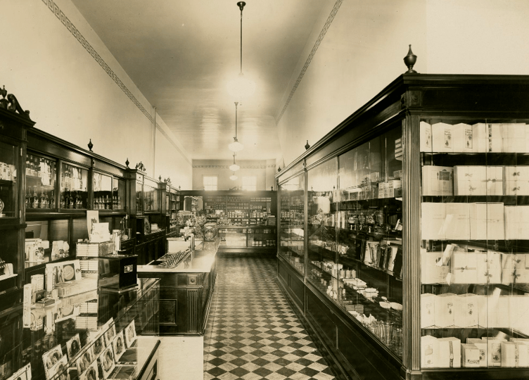 Interior of drugstore owned by John Henry Quine in Rochester, New York, USA (Manx National Heritage)