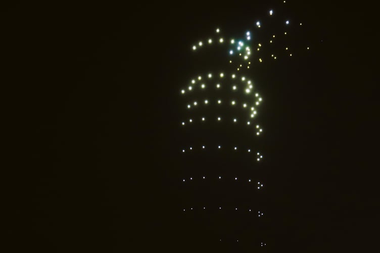 A ghostly lighthouse is recreated by the drones