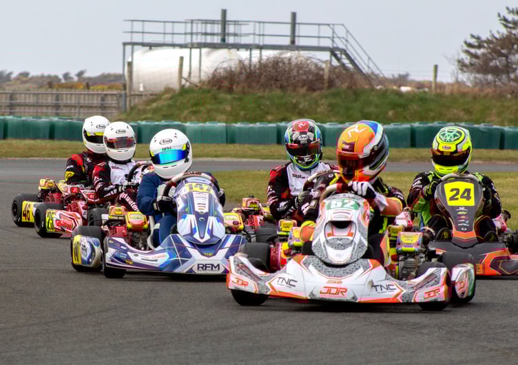 Shane Collins leads the field on his way to winning the Honda senior extreme class in the second round of Isle of Man Kart Racing Association’s championship at Jurby on Sunday (Photo: Leo Tregurtha Photography)