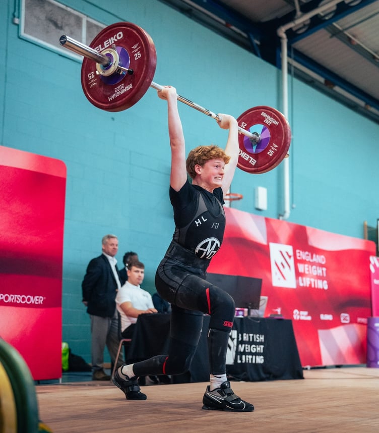 Isle of Man powerlifter Harry Lee on his way to clinching a gold medal at the English Age Group Weightlifting Championships in Birmingham recently (Photo: British Weightlifting)