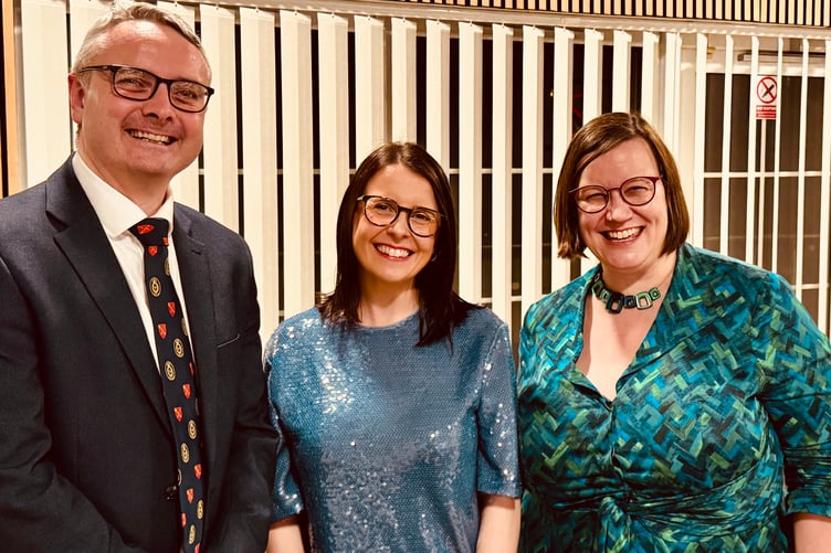 (right) Dame Meg Hillier MP with the Speaker of the House of Keys, Juan Watterson SHK (left) and Sarah Maltby MHK (middle)