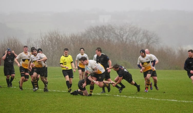 Vagabonds' Cal Donnell on the charge against Colne & Nelson (Photo: John Liver/Mumbles Pics)