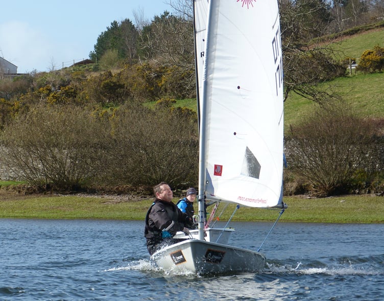 Dave Batchelor, winner of the March sailing series, with Will Osbourn in hot pursuit during the final round at West Baldwin reservoir on Sunday