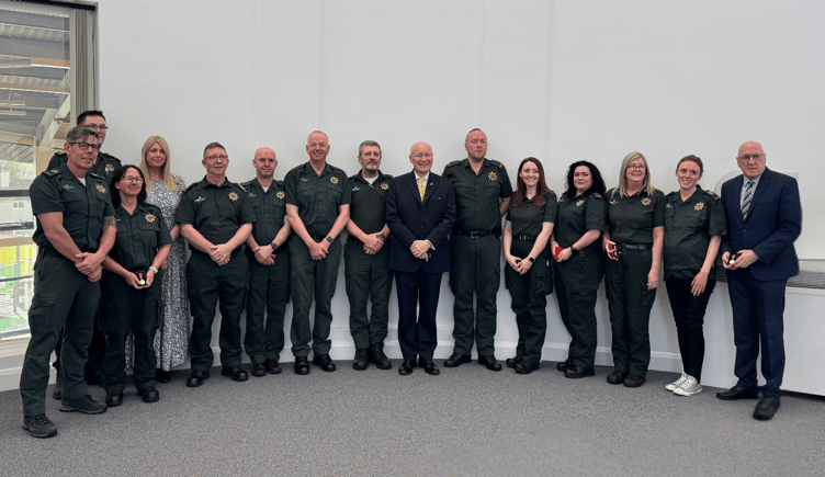 The Lieutenant Governor Sir John Lorimer with the recipients of the King’s Coronation Medal, Head of Ambulance Services Will Bellamy and Manx Care chief executive  Teresa Cope