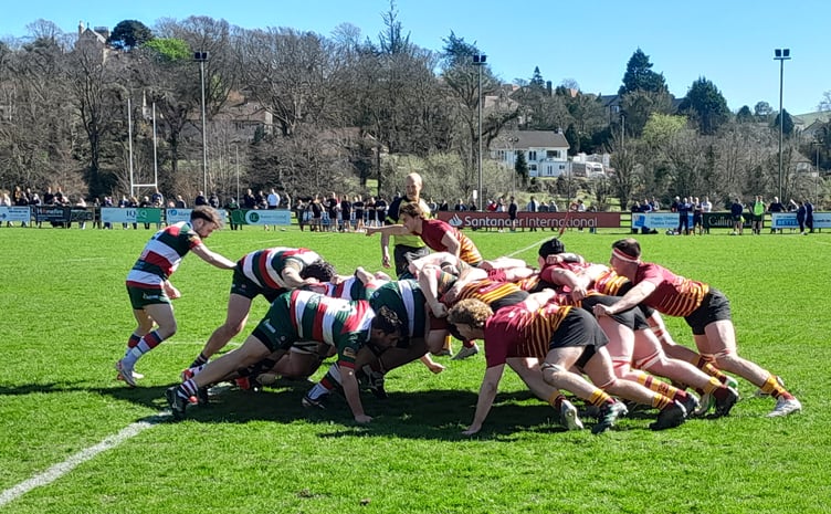 Ref Rod Stables supervises scrum in blazing April sunshine at Port-e-Chee between Douglas and Firwood Waterloo (Photo: Richard Ebbutt)