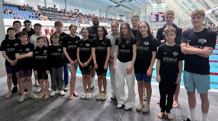 The Isle of Man swimming team at the recent 2025 Lancashire Championships( front row, left to right) Carter Kneale, Henry Mackenzie, Jacob Wrigth, Oscar Garczyński, Faith Teare Megan Williamson, Liv Williamson, Chloe Batty, Zoe Neuwirt, Thomas McEvoy and Dylan Larrosa. (Back row) Oscar Maddrell, Charley Bevan, Jamie Farnan, Jacob Garczyński, national head coach Lee Holland, Lauren Dennett, Jacob Brookes and Zack Bellhouse