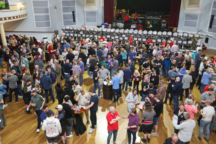 An aerial shot of the beer-lovers inside the Royal Hall