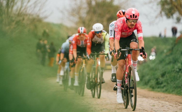 Isle of Man cyclist Max Walker leads a chase group for EF Education EasyPost on his way to finishing 73rd in Sunday's Paris Roubaix classic race (Photo: Zac Williams/SWpix.com)