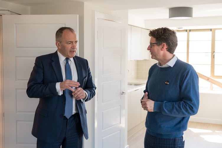 Chief Minister Alf Cannan (left) is given a tour of the new 37-apartment building Thie Clag in Douglas by Manx Development Corporation managing director Dane Harrop