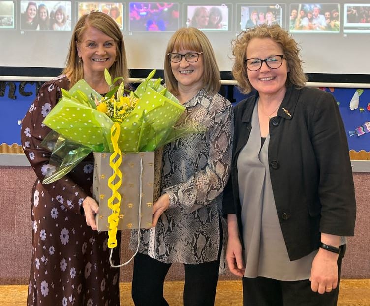 Jo Richardson (Headteacher), Gill Manley, and Caroline Savin (Director of Education, DESC)
