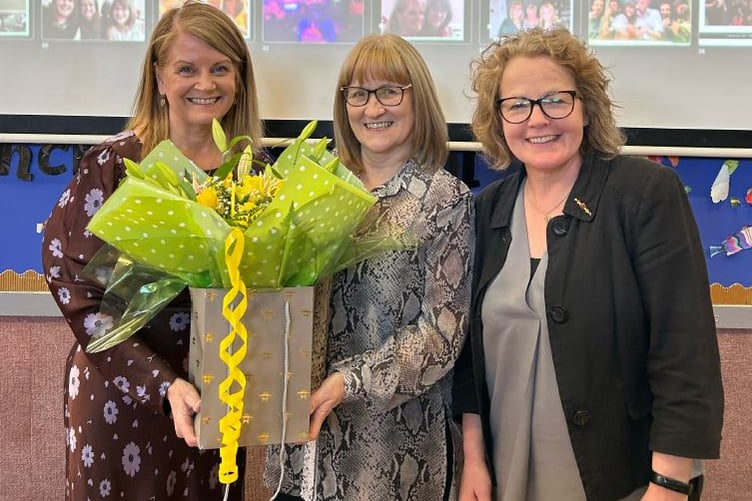 Jo Richardson (Headteacher), Gill Manley, and Caroline Savin (Director of Education, DESC)
