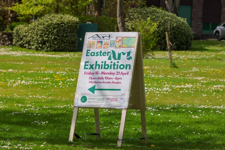 The board for the Easter Exhibition outside in the Villa Marina gardens