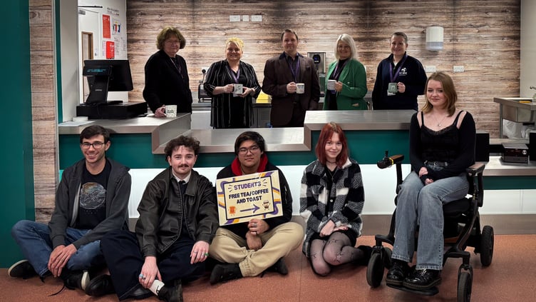 Back row (left to right:) Jo Richardson (vice-principal), Kerry Birchall (adult learning manager), Rom Kesa (head of internal operations), Julia Simpson (secretary to the principal), and Andrea Sherwood (library manager). Front row: UCM student council members