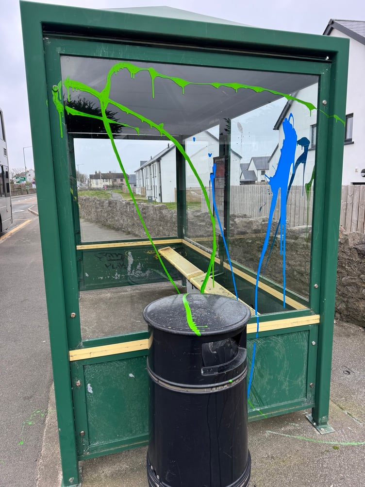 The bus shelter at Janet's Corner which has been vandalised with paint