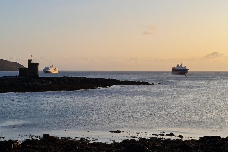The World Explorer and the World Traveller arriving in Douglas Bay last year