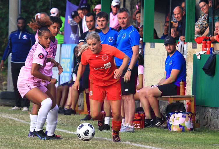 Isle of Man FA women’s manager Wayne Lisy (middle blue shirt) on the touchline at the 2023 Island Games in Guernsey (Photo: Dave Norton)