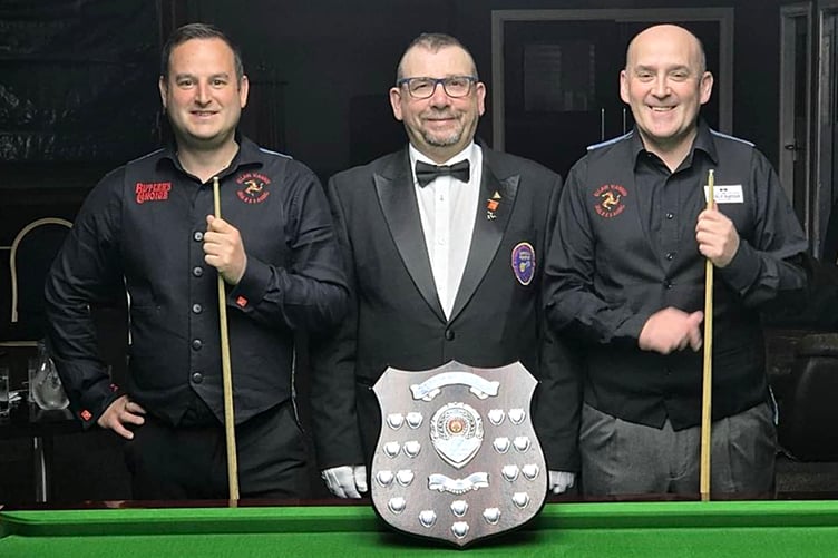 (Left to right) Masters runner-up Michael Curphey, final referee Dave Kelly and competition winner Tom Miller