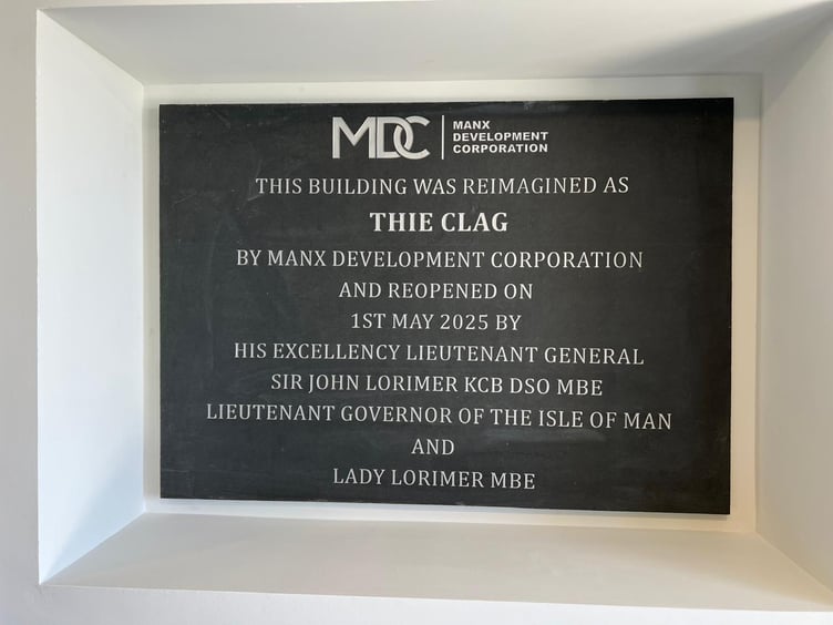 The plaque inside Thie Clag which states the building has been opened by the Lieutenant Governor Sir John Lorimer and Lady Lorimer