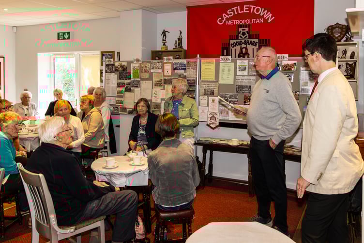 Castletown MFC chairman Patty Quinney (far right) and president Ron Ronan address guests at the club's recent anniversary event celebrating 75 years since its stadium was opened (Photo: Gary Weightman)