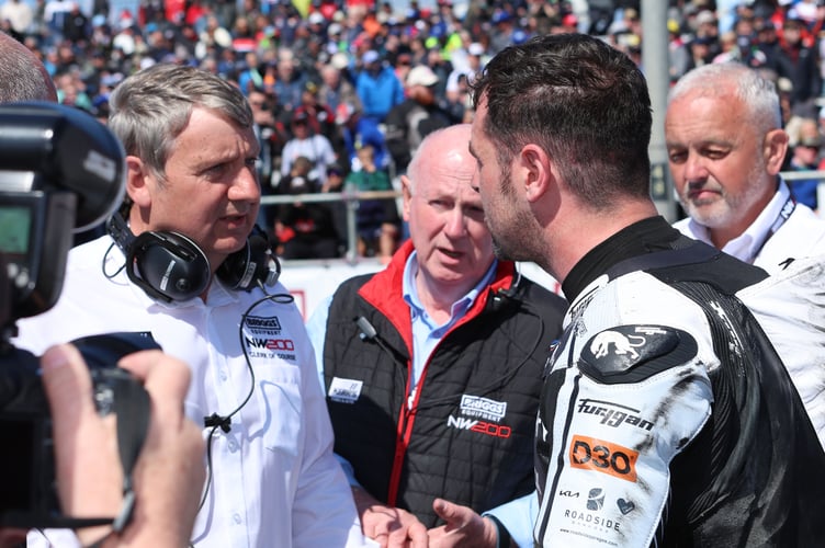 10/05/2025: Michael Dunlop explains his version of events during the North West 200 Superbike Race One on Satutrday. PICTURE BY DAVE KNEEN PHOTOGRAPHY.